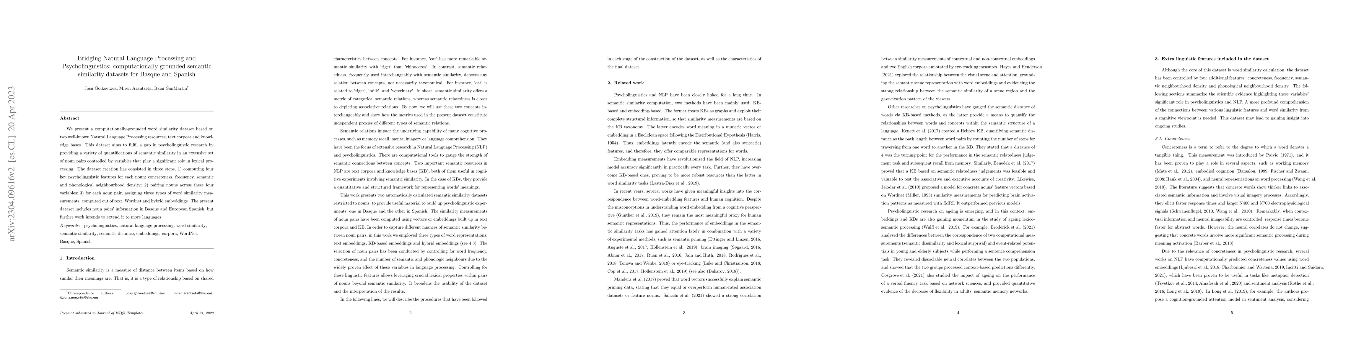 Thumbnail for Bridging Natural Language Processing and Psycholinguistics:
  computationally grounded semantic similarity datasets for Basque and Spanish