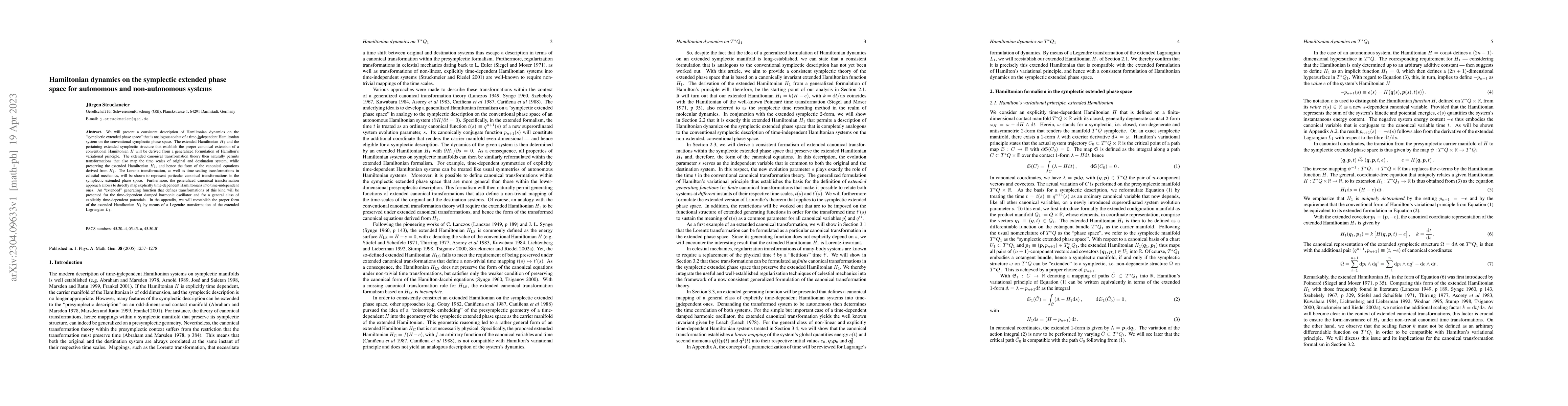 Thumbnail for Hamiltonian dynamics on the symplectic extended phase space for
  autonomous and non-autonomous systems