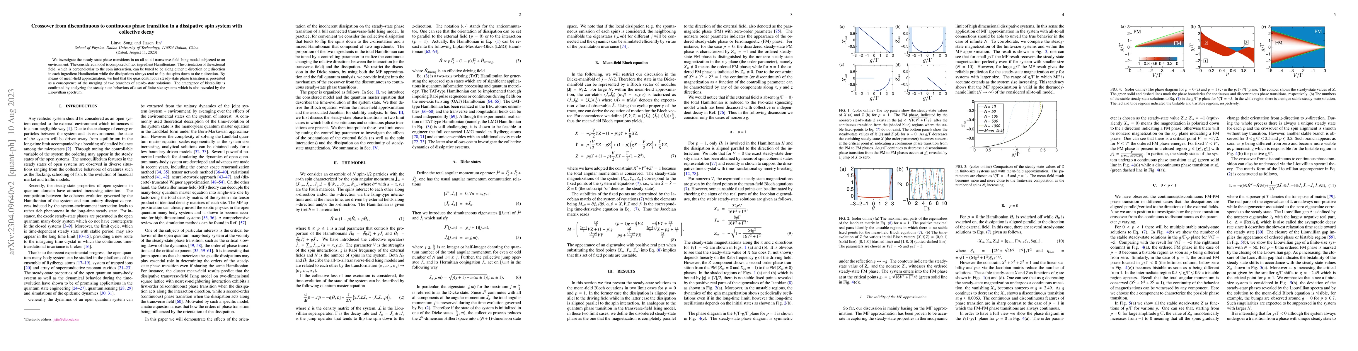 Thumbnail for Crossover from the discontinuous to continuous phase transitions in
  dissipative spin system with collective decay