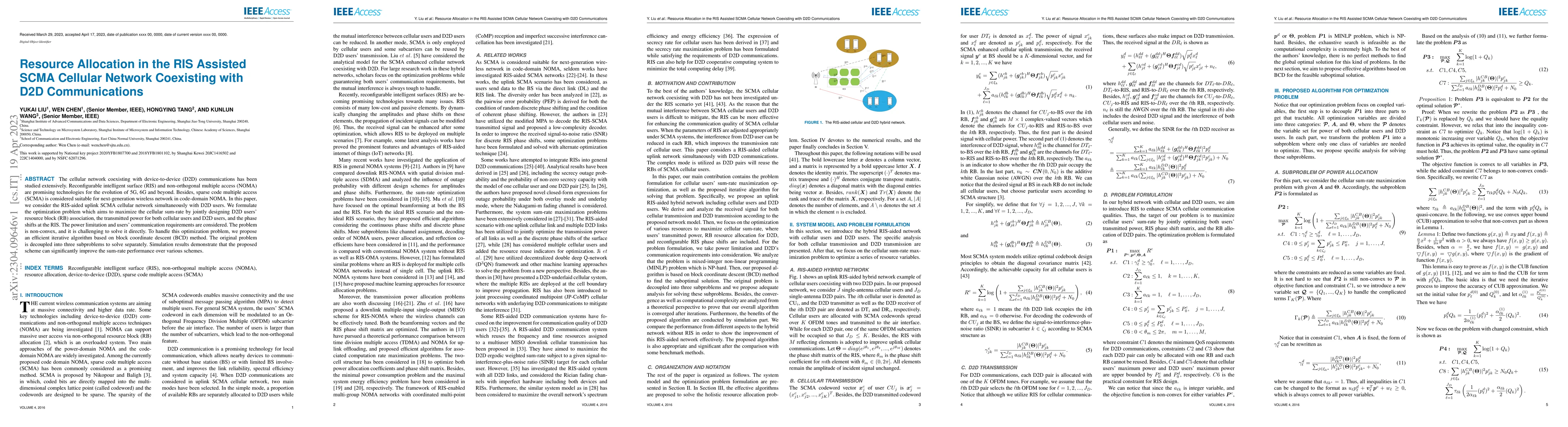 Thumbnail for Resource Allocation in the RIS Assisted SCMA Cellular Network Coexisting
  with D2D Communications