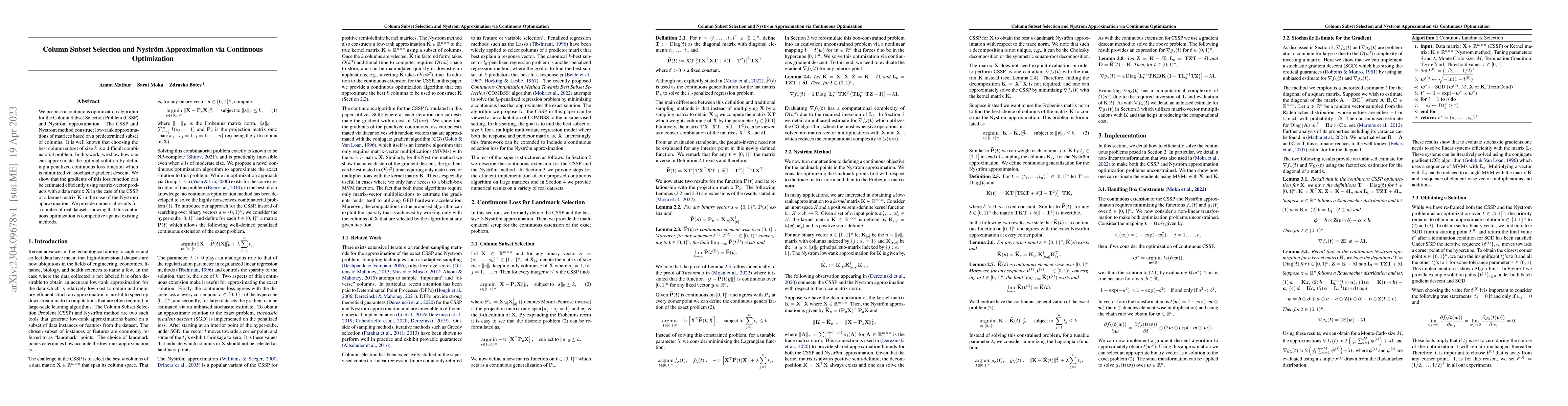 Thumbnail for Column Subset Selection and Nystr\"om Approximation via Continuous
  Optimization