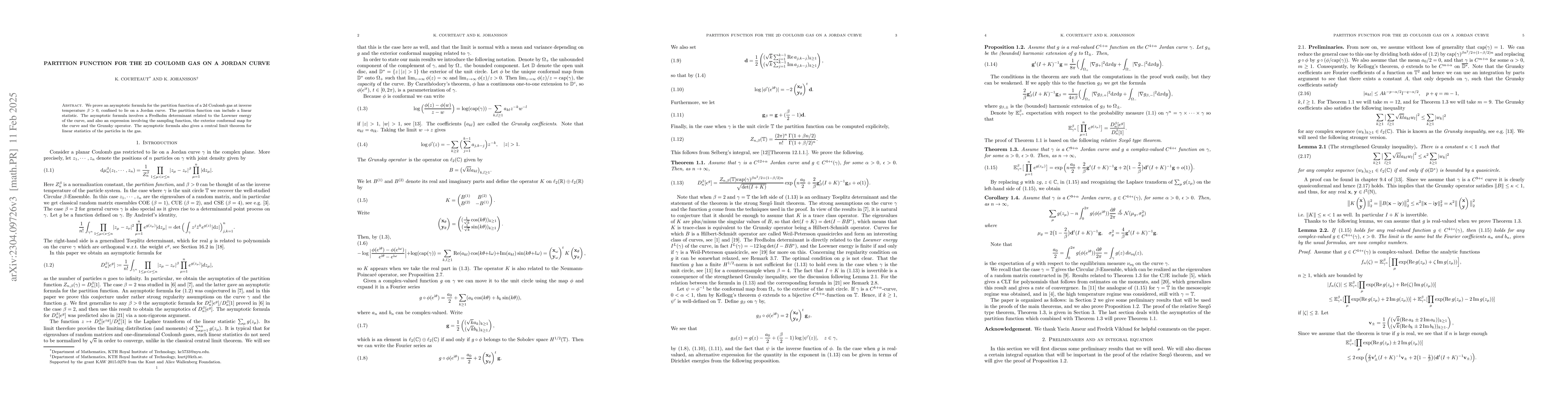 Thumbnail for Partition function for the 2d Coulomb gas on a Jordan curve