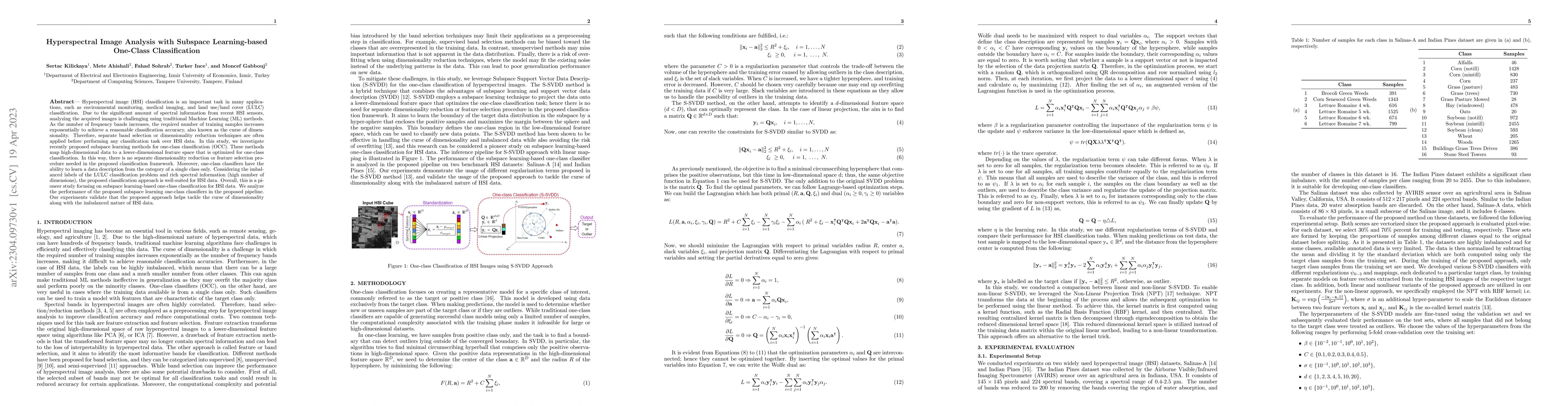 Thumbnail for Hyperspectral Image Analysis with Subspace Learning-based One-Class
  Classification
