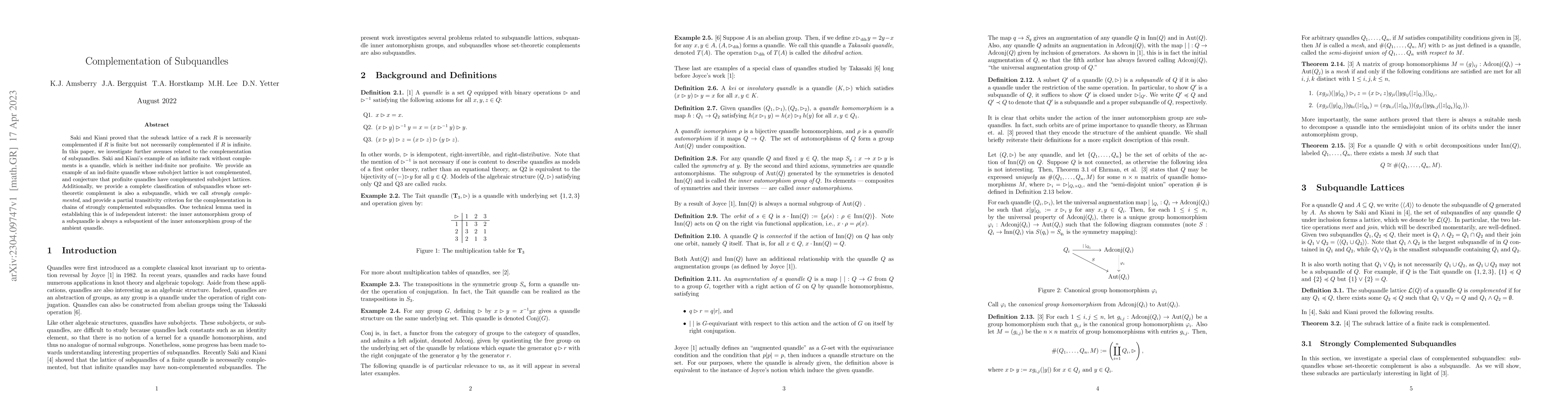 Thumbnail for Complementation of Subquandles