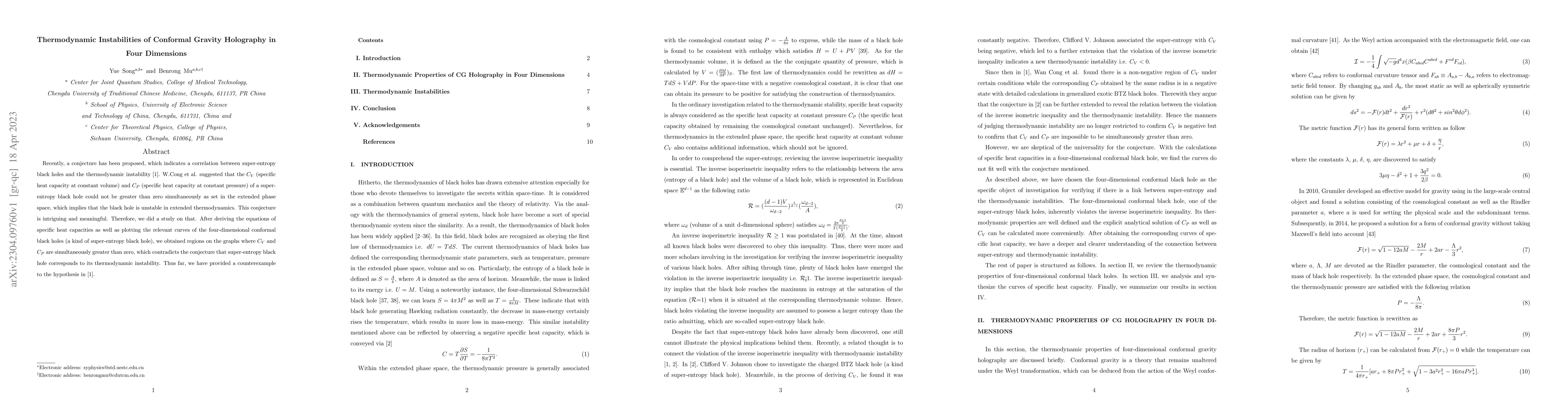 Thumbnail for Thermodynamic Instabilities of Conformal Gravity Holography in Four
  Dimensions