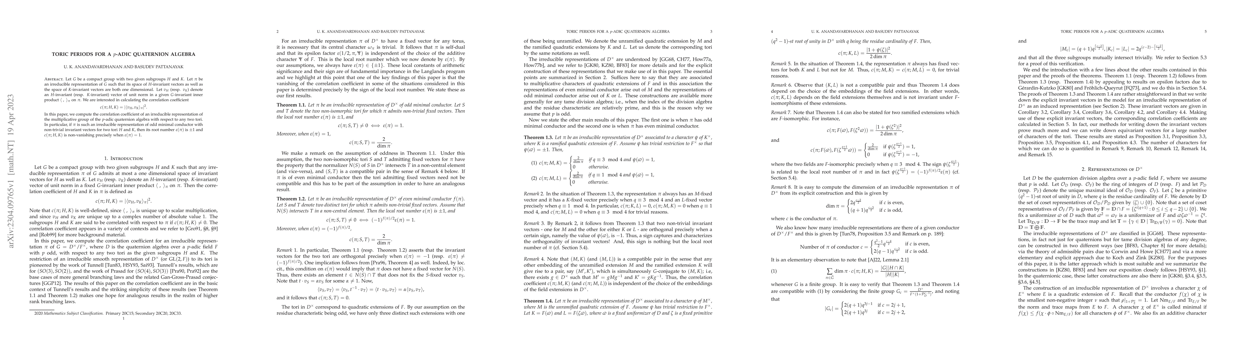 Thumbnail for Toric periods for a $p$-adic quaternion algebra