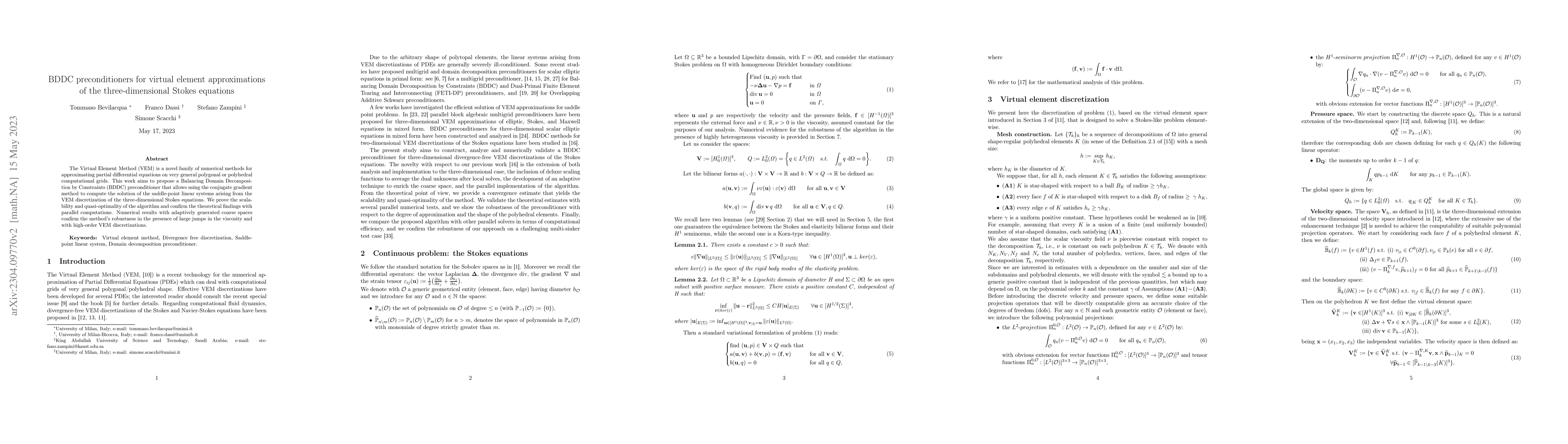 Thumbnail for BDDC preconditioners for virtual element approximations of the
  three-dimensional Stokes equations