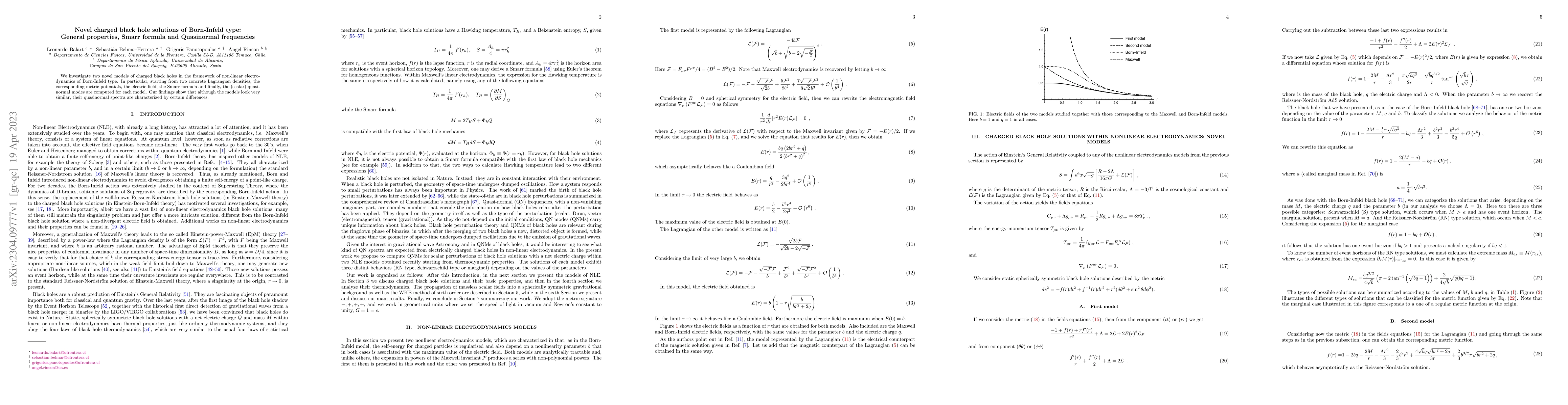 Thumbnail for Novel charged black hole solutions of Born-Infeld type: General
  properties, Smarr formula and Quasinormal frequencies