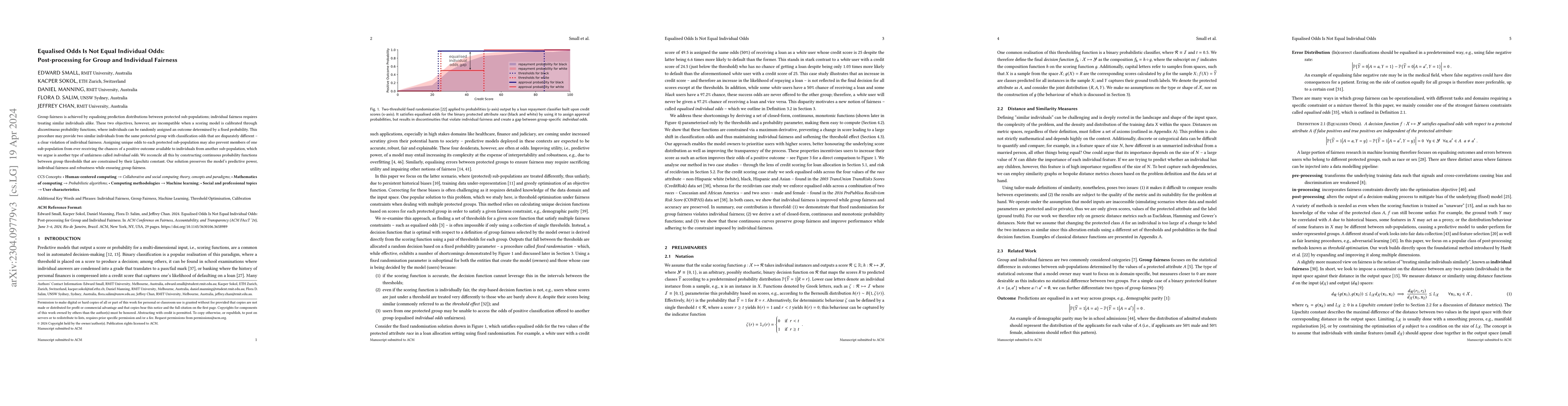 Thumbnail for Equalised Odds is not Equal Individual Odds: Post-processing for Group
  and Individual Fairness