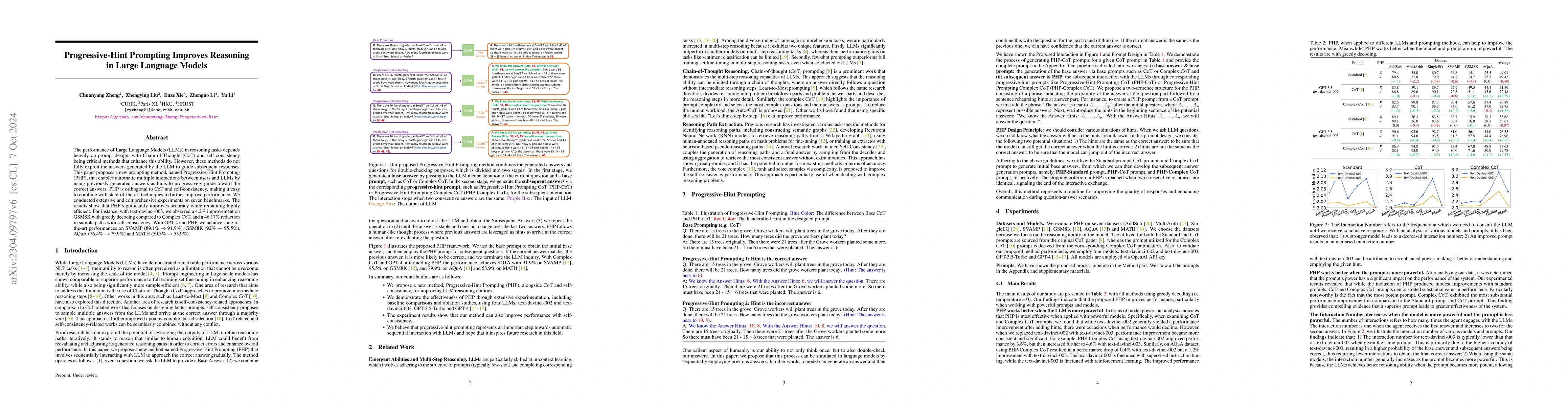 Thumbnail for Progressive-Hint Prompting Improves Reasoning in Large Language Models