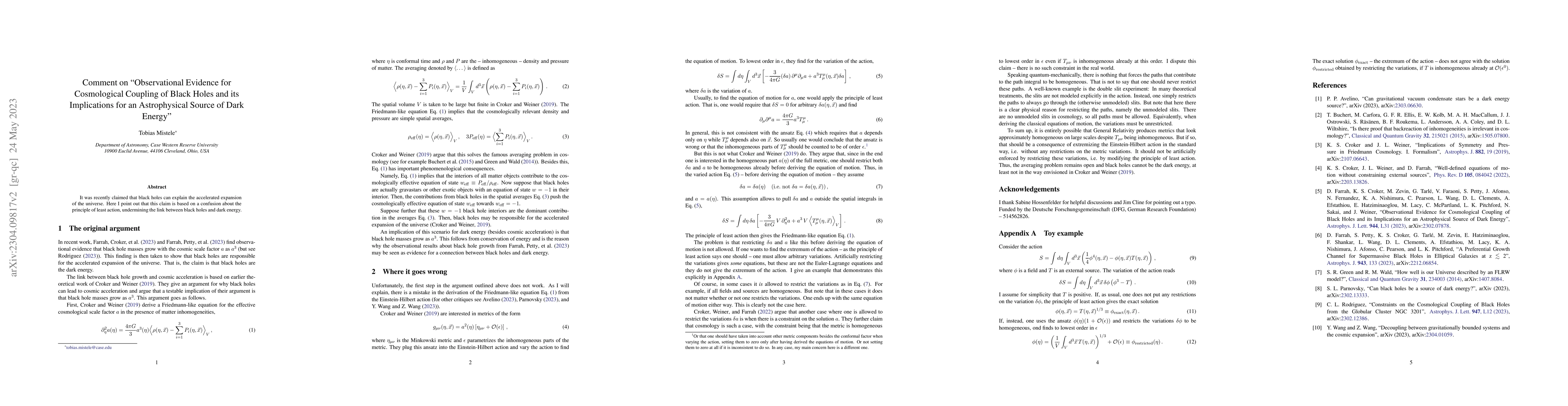 Thumbnail for Comment on "Observational Evidence for Cosmological Coupling of Black
  Holes and its Implications for an Astrophysical Source of Dark Energy"