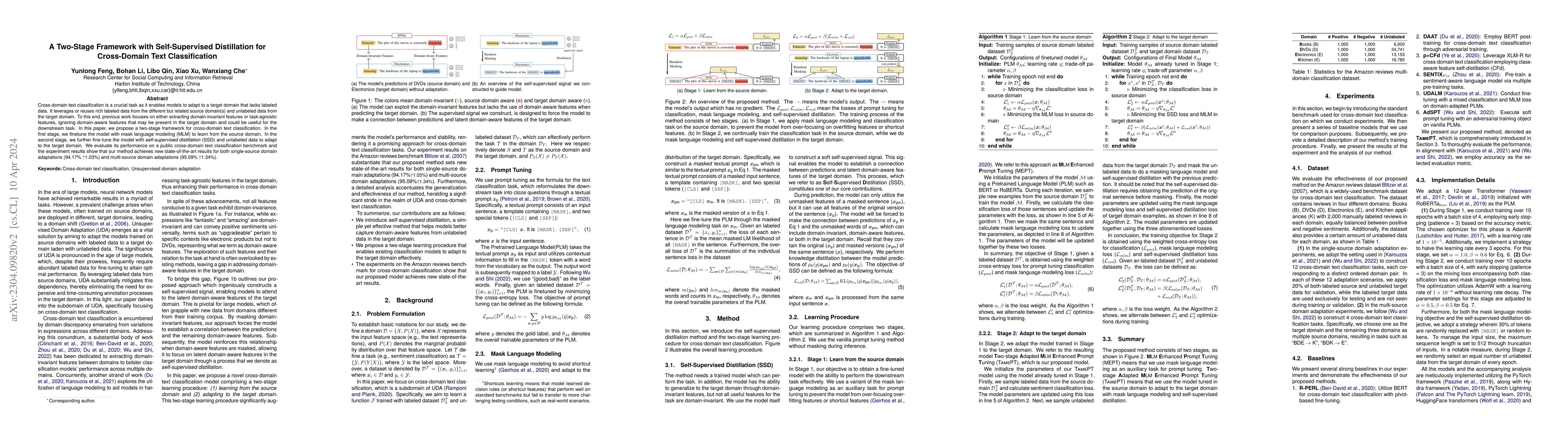 Thumbnail for A Two-Stage Framework with Self-Supervised Distillation For Cross-Domain
  Text Classification
