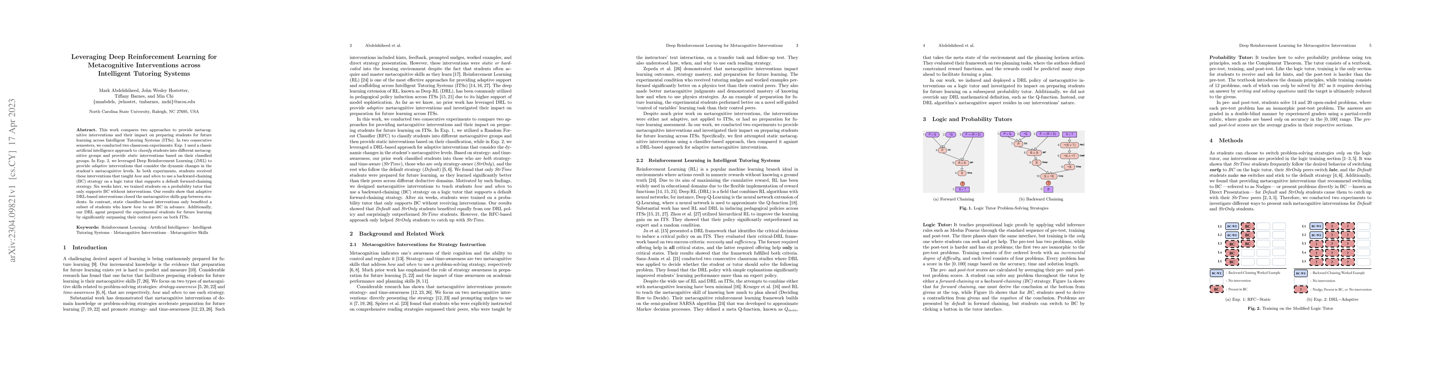 Thumbnail for Leveraging Deep Reinforcement Learning for Metacognitive Interventions
  across Intelligent Tutoring Systems