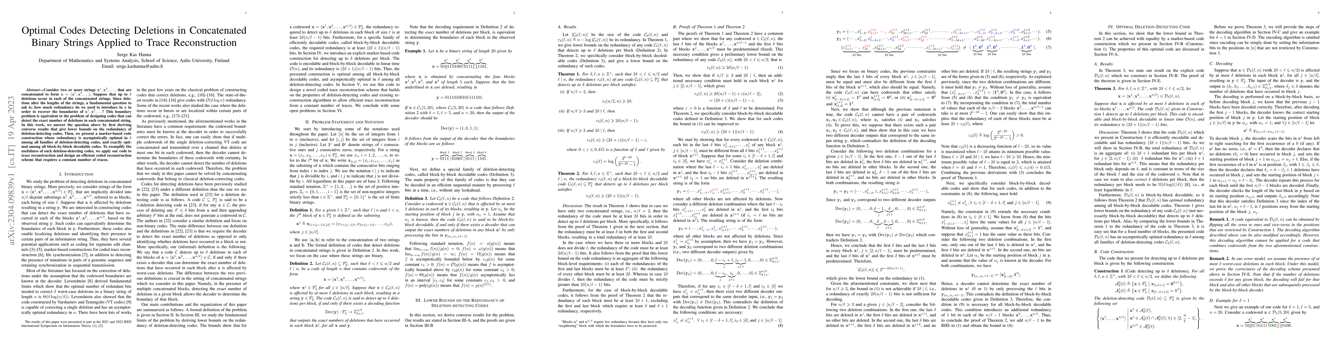 Thumbnail for Optimal Codes Detecting Deletions in Concatenated Binary Strings Applied
  to Trace Reconstruction