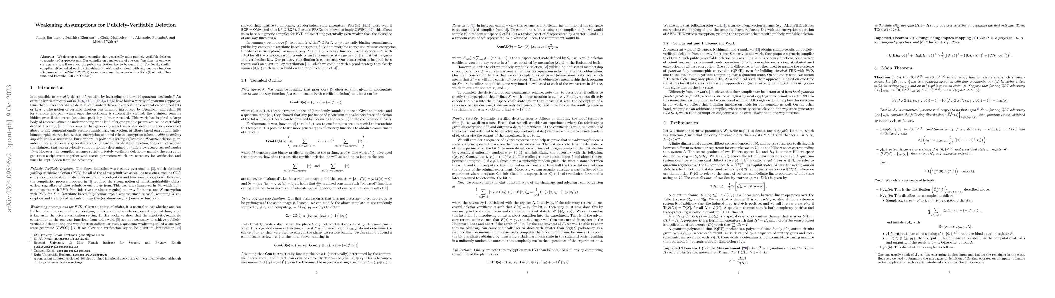 Thumbnail for Weakening Assumptions for Publicly-Verifiable Deletion