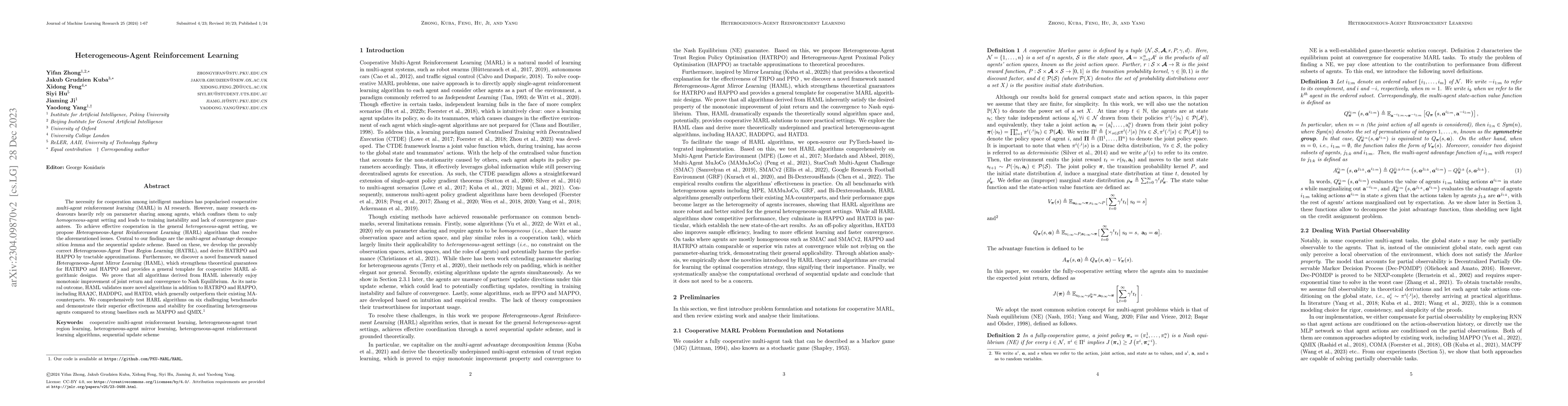 Thumbnail for Heterogeneous-Agent Reinforcement Learning