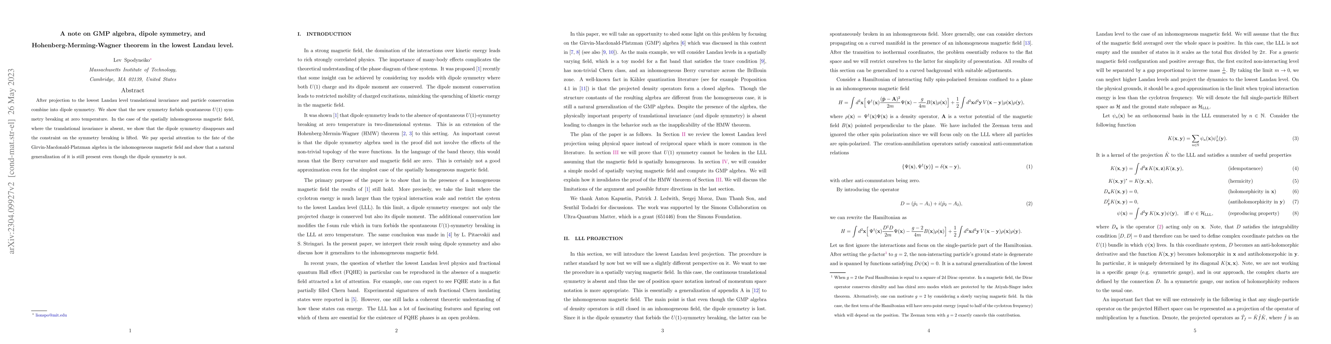 Thumbnail for A note on GMP algebra, dipole symmetry, and Hohenberg-Mermin-Wagner
  theorem in the lowest Landau level