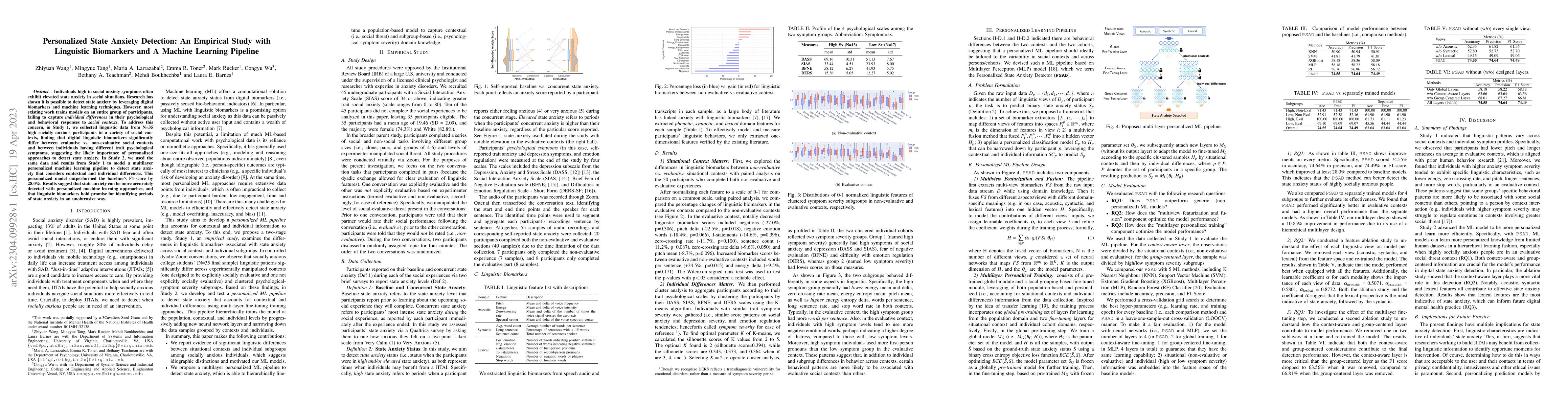 Thumbnail for Personalized State Anxiety Detection: An Empirical Study with Linguistic
  Biomarkers and A Machine Learning Pipeline