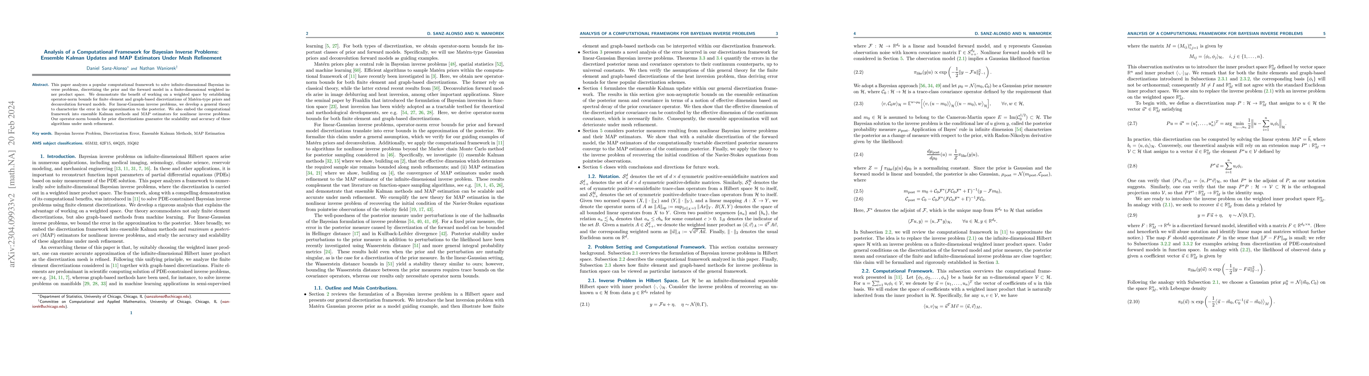 Thumbnail for Analysis of a Computational Framework for Bayesian Inverse Problems:
  Ensemble Kalman Updates and MAP Estimators Under Mesh Refinement