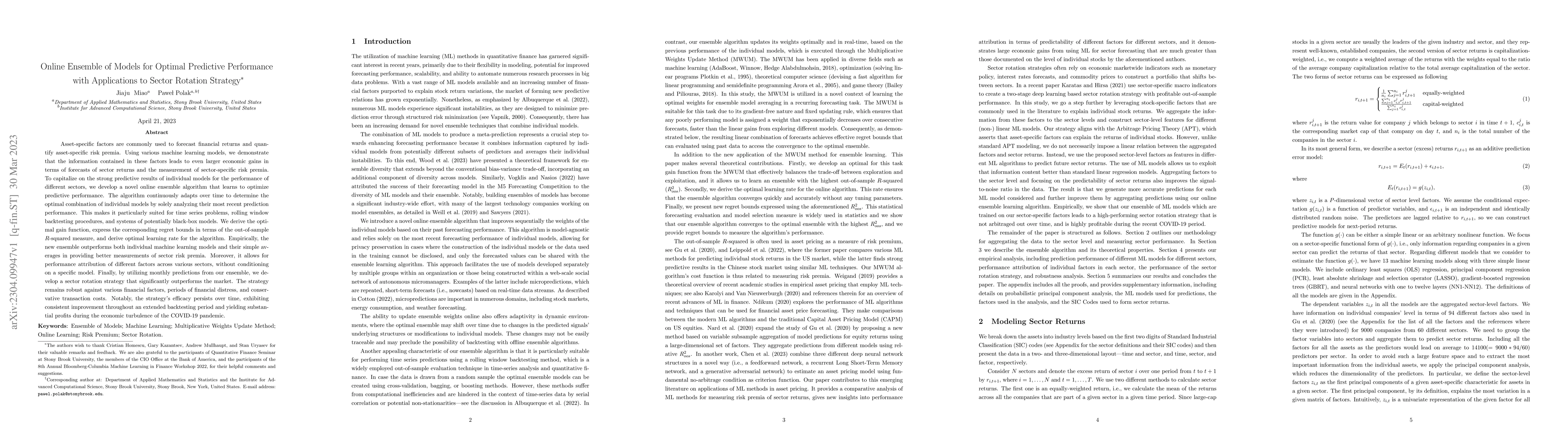 Thumbnail for Online Ensemble of Models for Optimal Predictive Performance with
  Applications to Sector Rotation Strategy