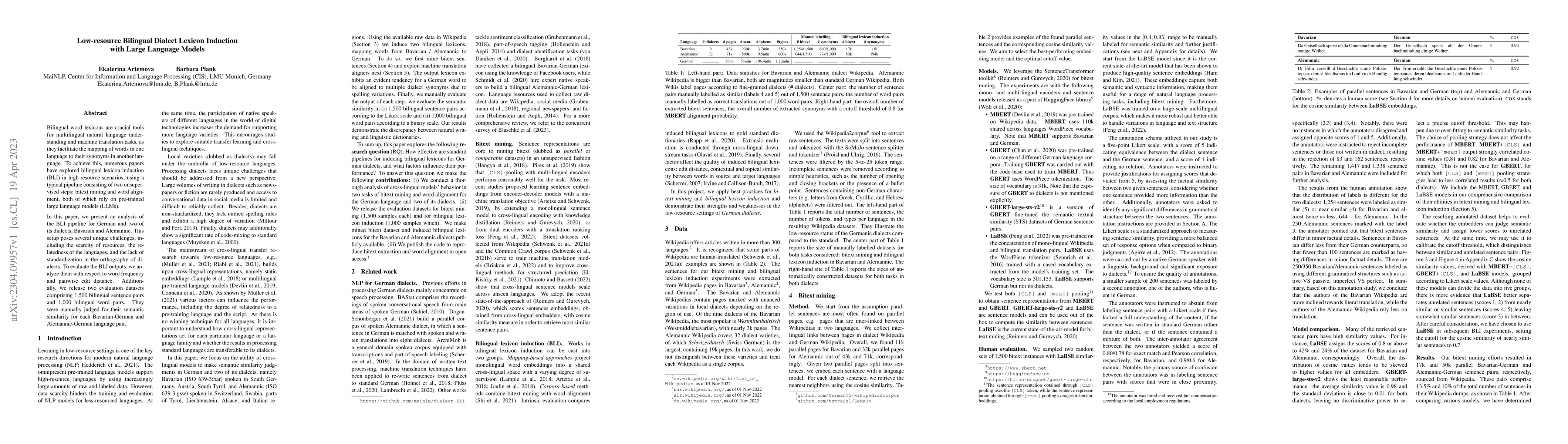 Thumbnail for Low-resource Bilingual Dialect Lexicon Induction with Large Language
  Models
