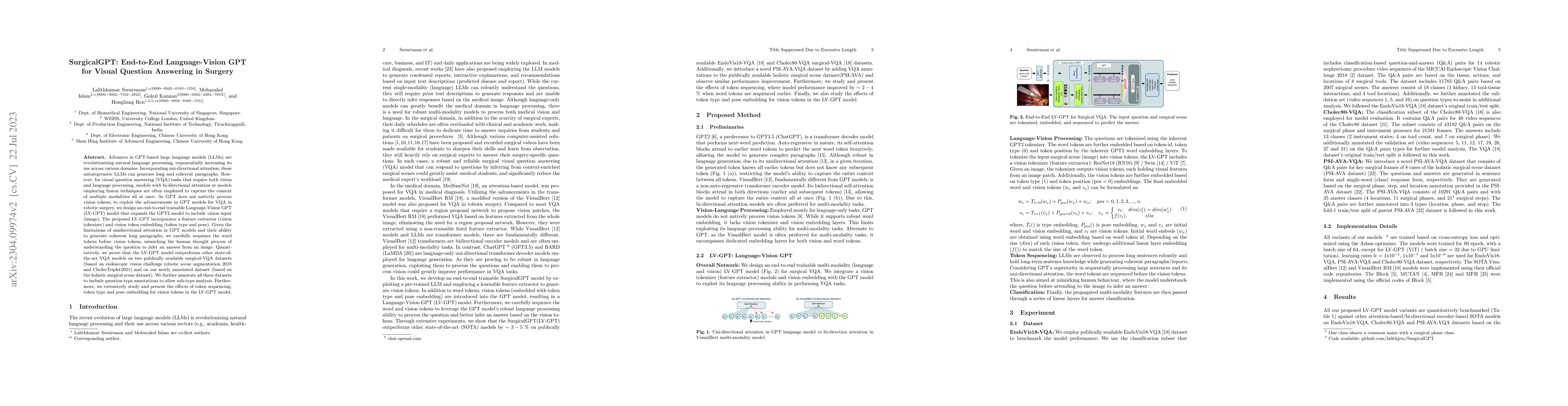 Thumbnail for SurgicalGPT: End-to-End Language-Vision GPT for Visual Question
  Answering in Surgery