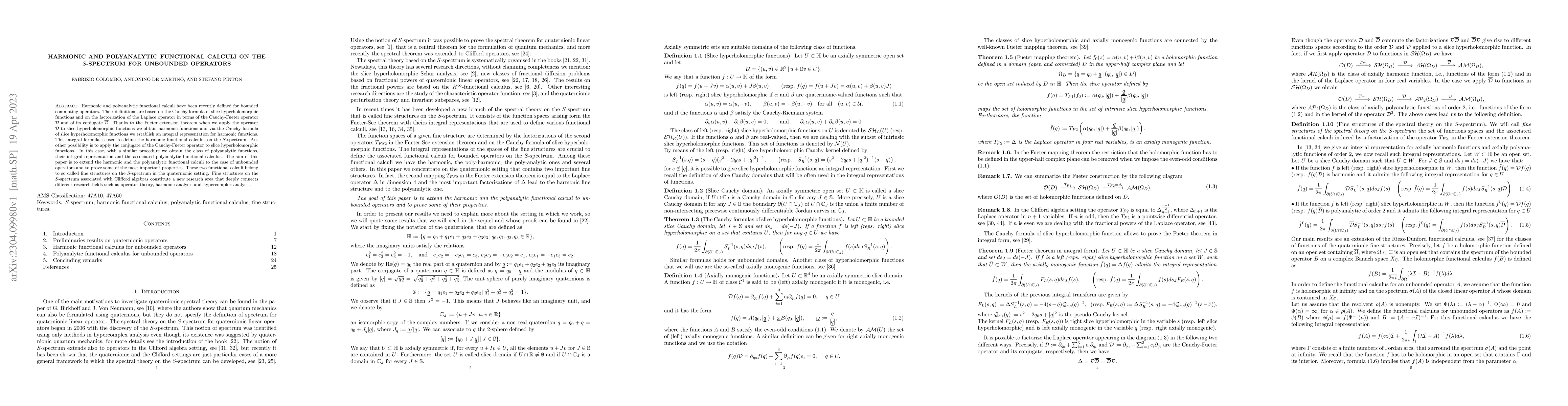Thumbnail for Harmonic and polyanalytic functional calculi on the $S$-spectrum for
  unbounded operators