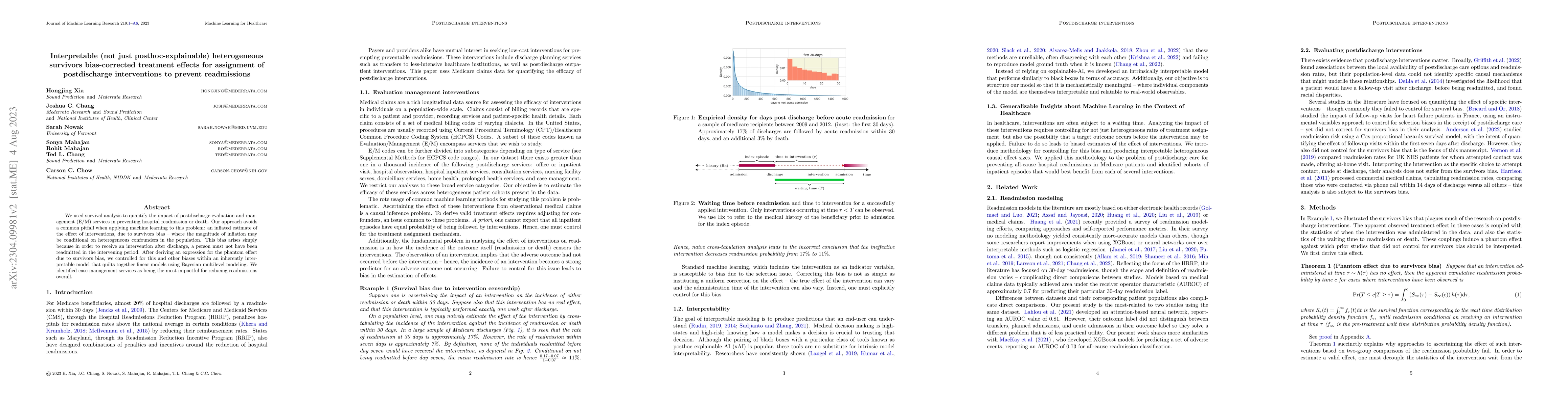 Thumbnail for Interpretable (not just posthoc-explainable) heterogeneous survivor
  bias-corrected treatment effects for assignment of postdischarge
  interventions to prevent readmissions