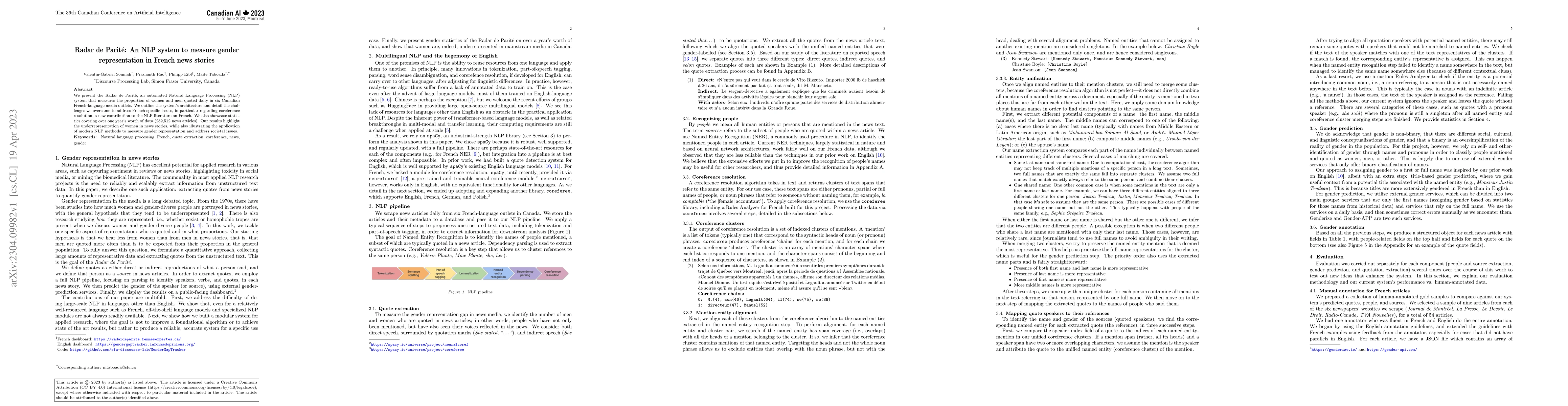 Thumbnail for Radar de Parit\'e: An NLP system to measure gender representation in
  French news stories