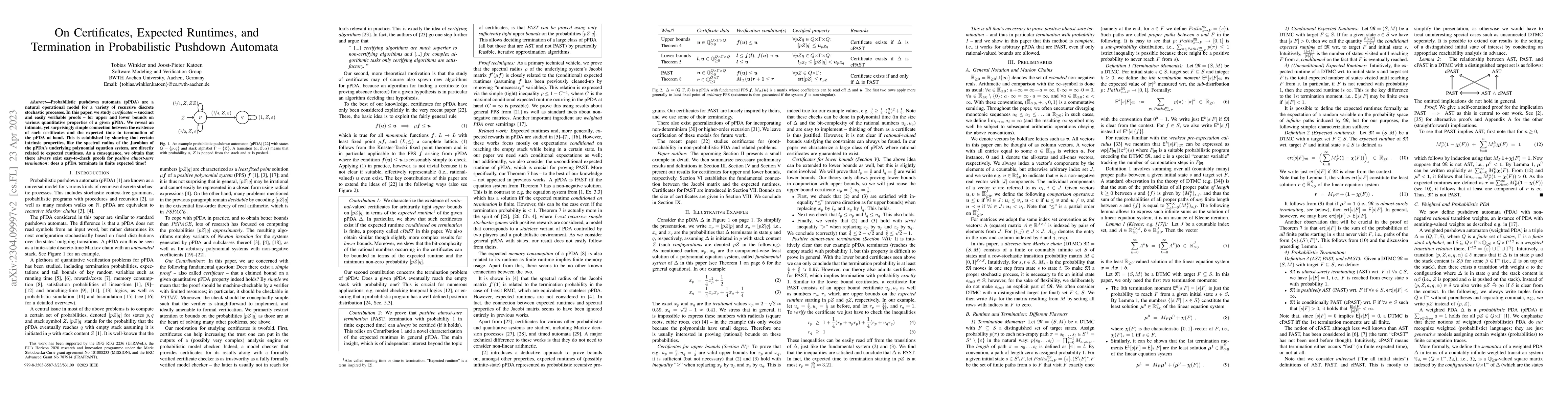 Thumbnail for On Certificates, Expected Runtimes, and Termination in Probabilistic
  Pushdown Automata
