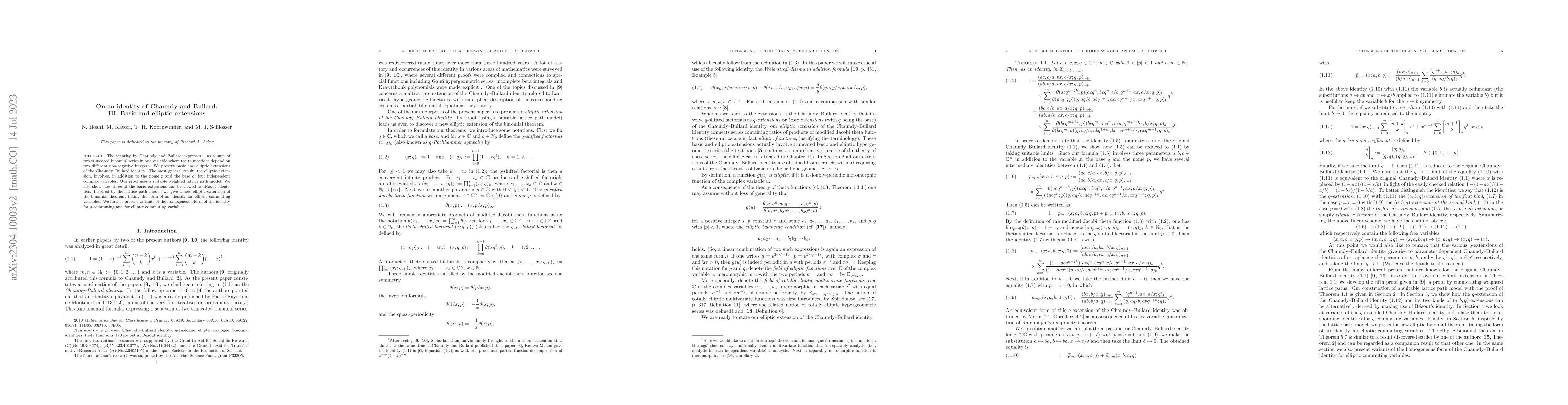 Thumbnail for On an identity of Chaundy and Bullard. III. Basic and elliptic
  extensions