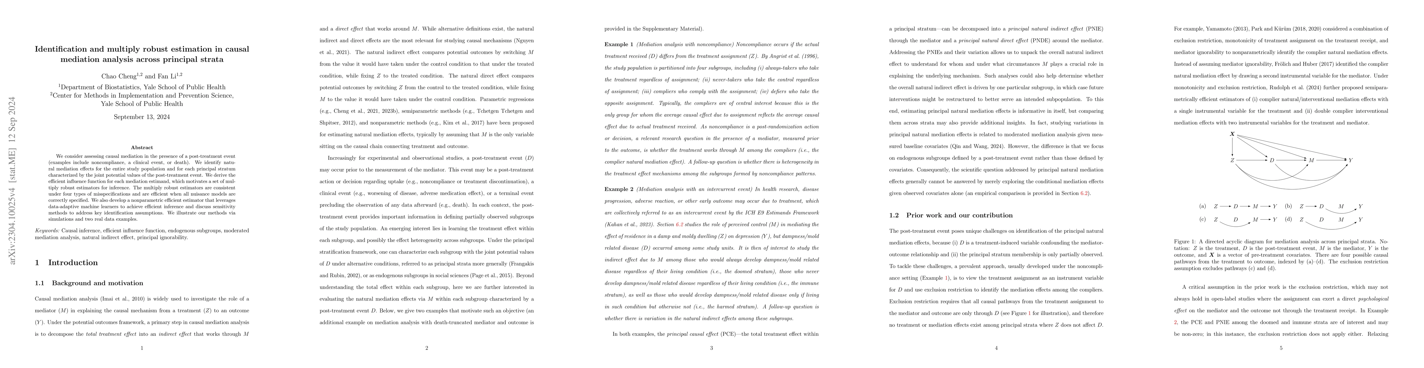 Thumbnail for Identification and multiply robust estimation in causal mediation
  analysis across principal strata
