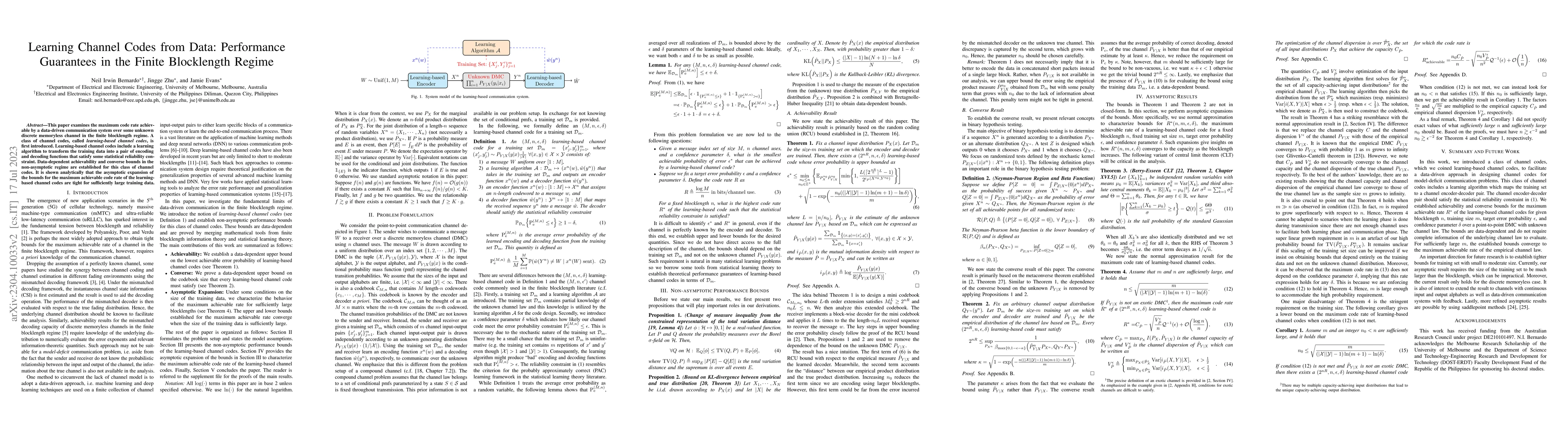 Thumbnail for Learning Channel Codes from Data: Performance Guarantees in the Finite
  Blocklength Regime