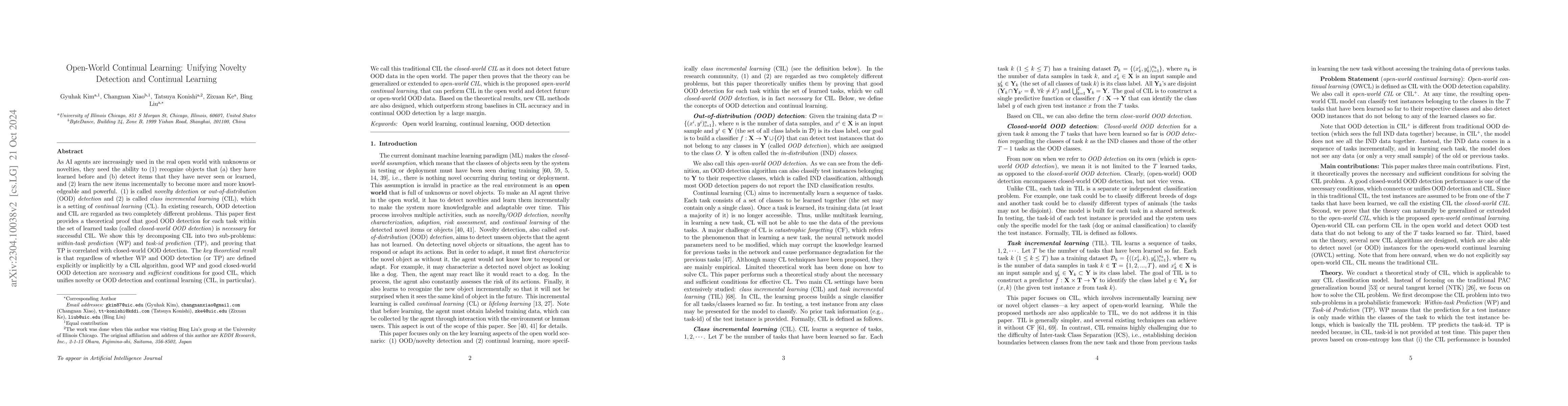 Thumbnail for Open-World Continual Learning: Unifying Novelty Detection and Continual
  Learning