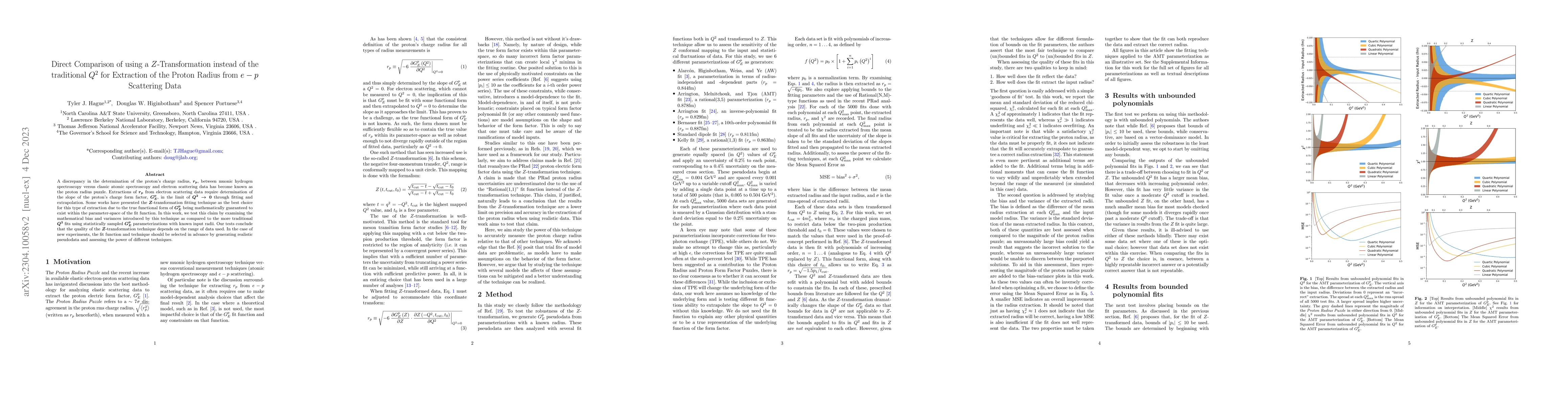 Thumbnail for Direct Comparison of using a Z-Transformation instead of the traditional
  $Q^2$ for for Extraction of the Proton Radius from $e-p$ Scattering Data