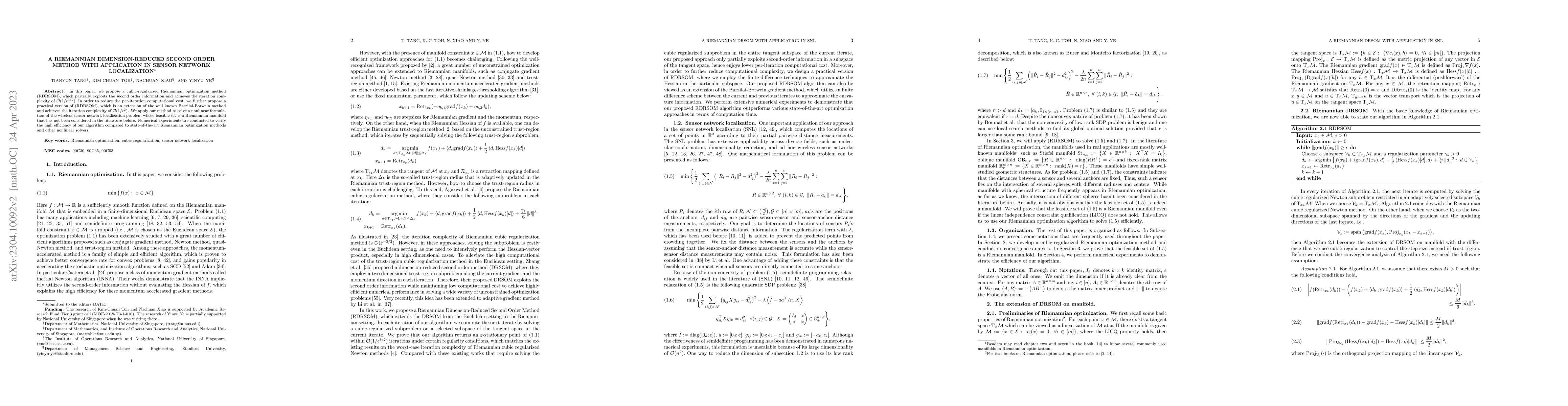 Thumbnail for A Riemannian Dimension-reduced Second Order Method with Application in
  Sensor Network Localization