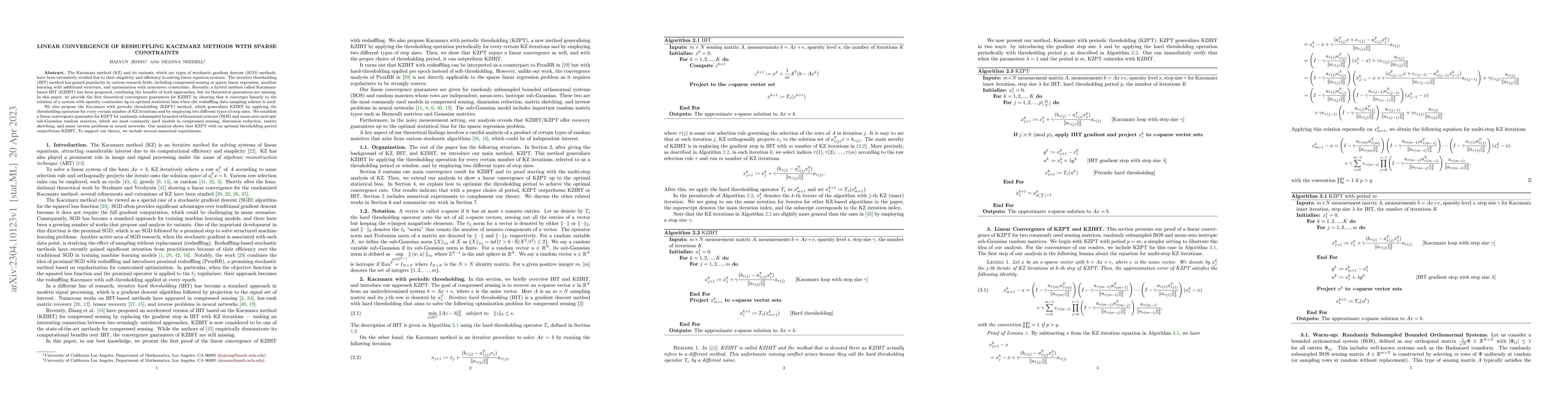 Thumbnail for Linear Convergence of Reshuffling Kaczmarz Methods With Sparse
  Constraints