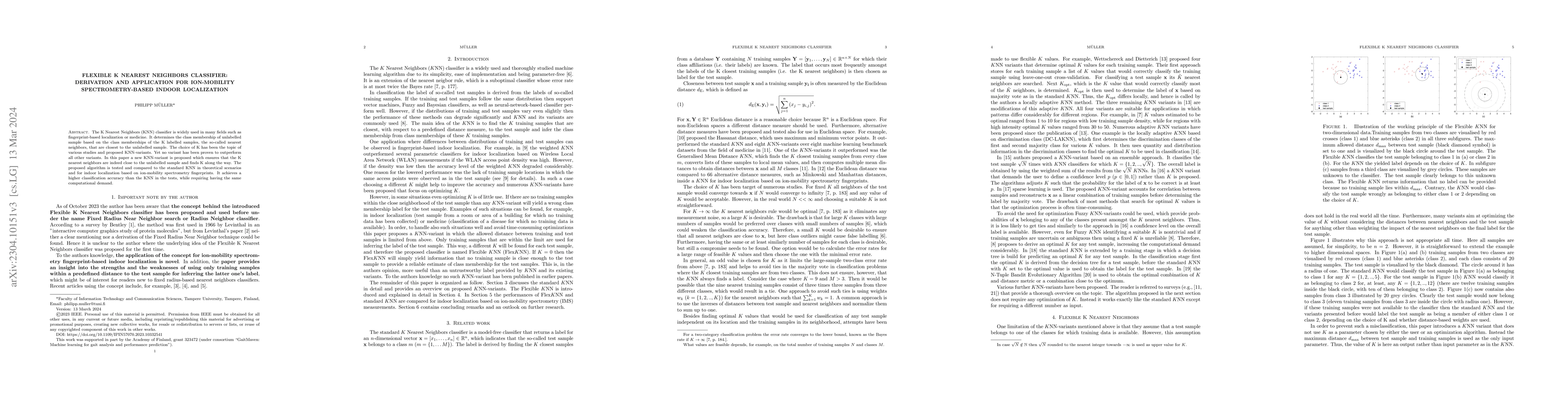 Thumbnail for Flexible K Nearest Neighbors Classifier: Derivation and Application for
  Ion-mobility Spectrometry-based Indoor Localization