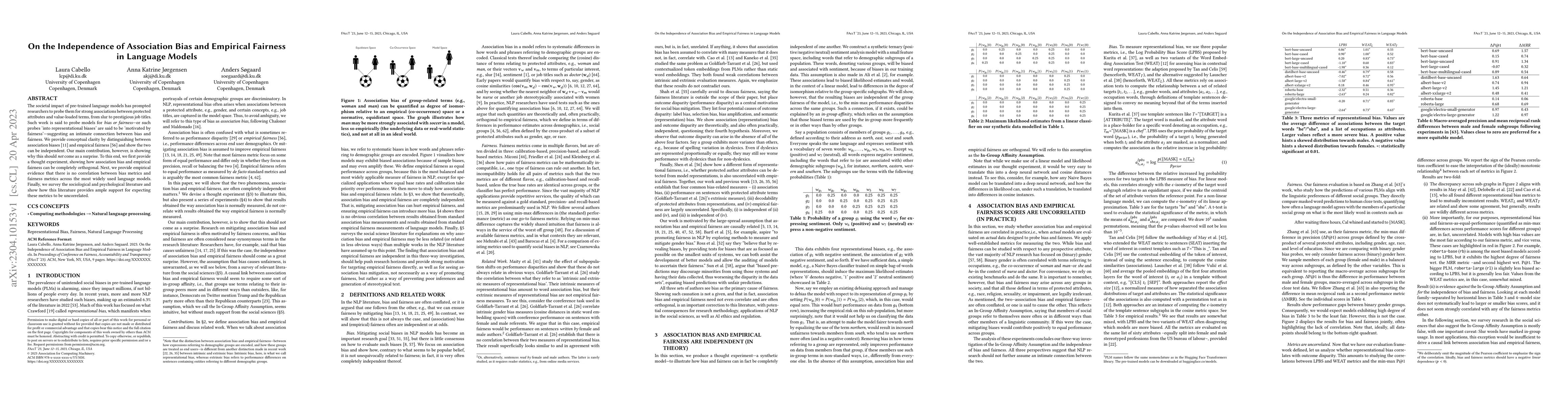 Thumbnail for On the Independence of Association Bias and Empirical Fairness in
  Language Models