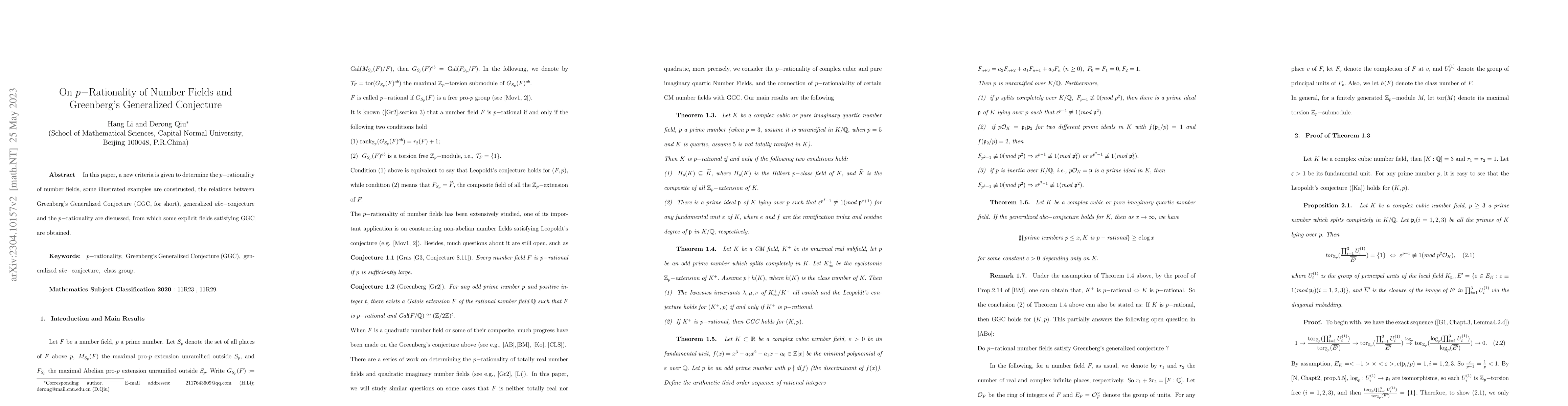 Thumbnail for On $ p-$Rationality of Number Fields and Greenberg's Generalized
  Conjecture