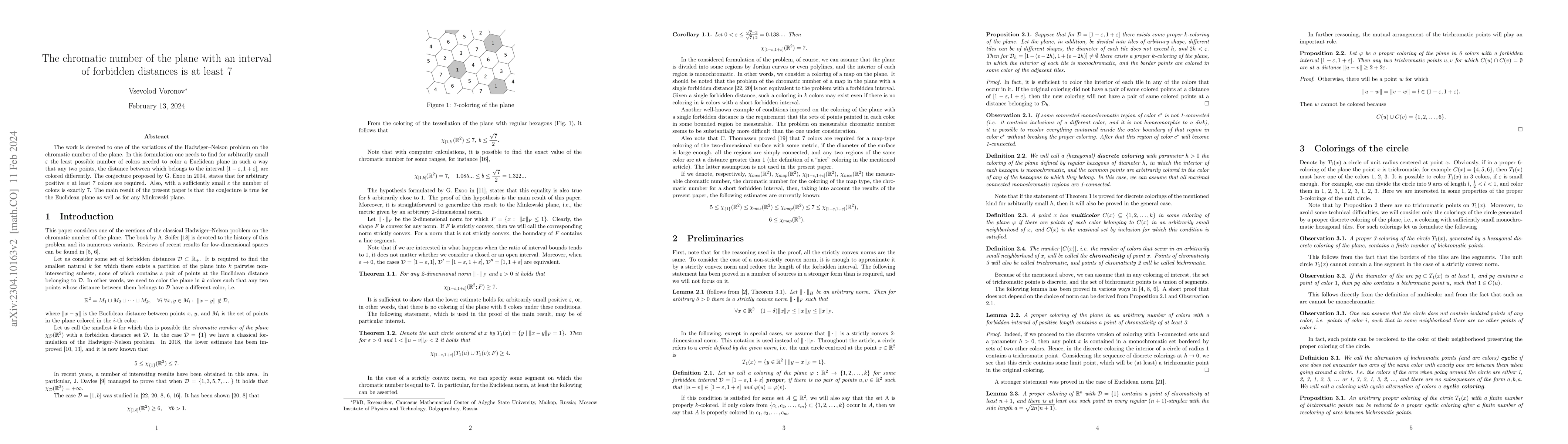Thumbnail for The chromatic number of the plane with an interval of forbidden
  distances is at least 7