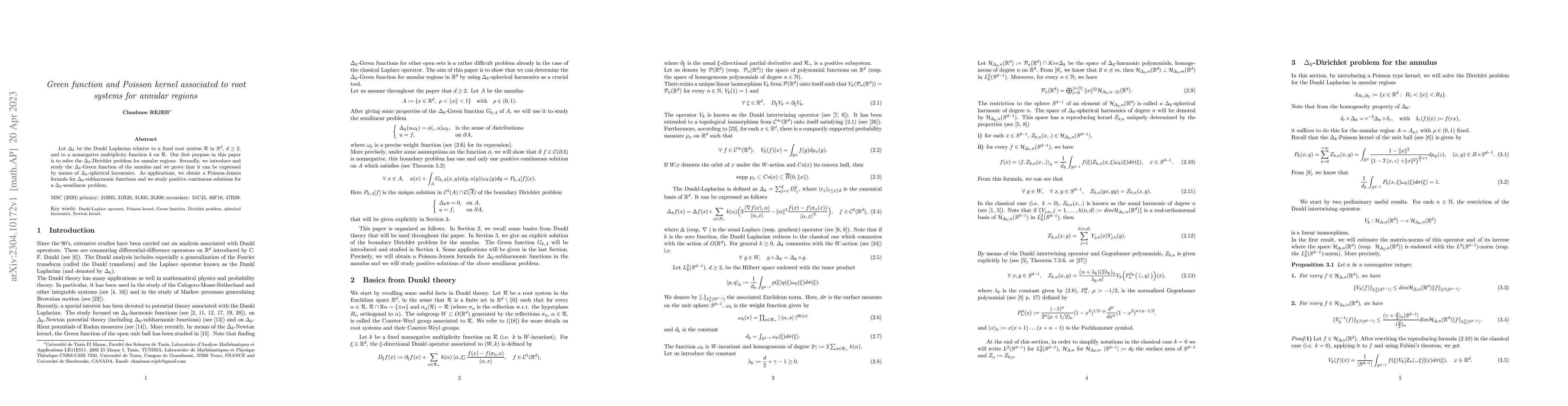 Thumbnail for Green function and Poisson kernel associated to root systems for annular
  regions