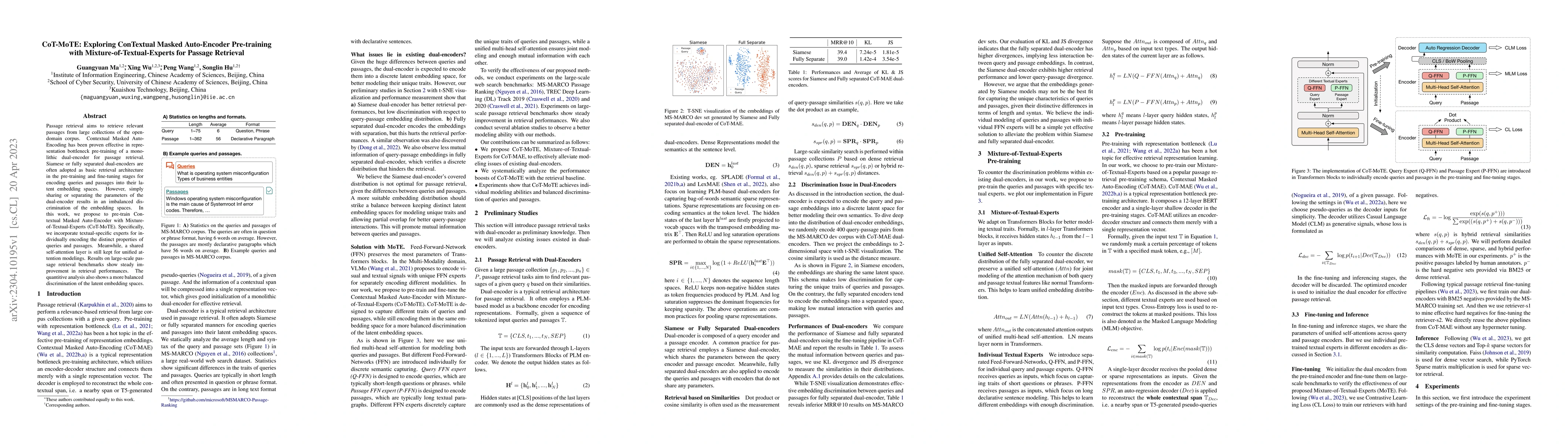 Thumbnail for CoT-MoTE: Exploring ConTextual Masked Auto-Encoder Pre-training with
  Mixture-of-Textual-Experts for Passage Retrieval