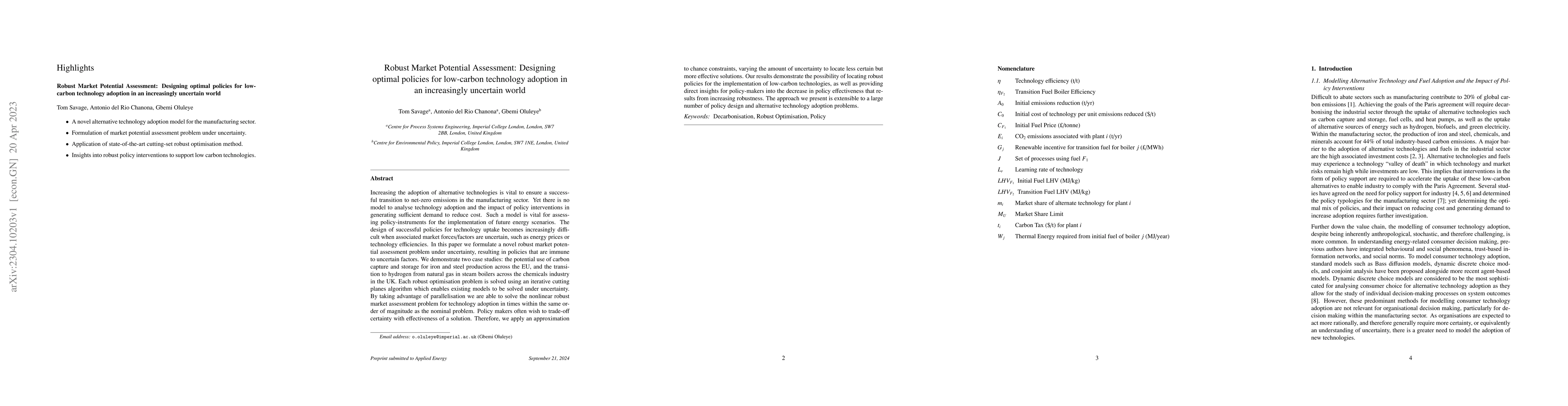 Thumbnail for Robust Market Potential Assessment: Designing optimal policies for
  low-carbon technology adoption in an increasingly uncertain world