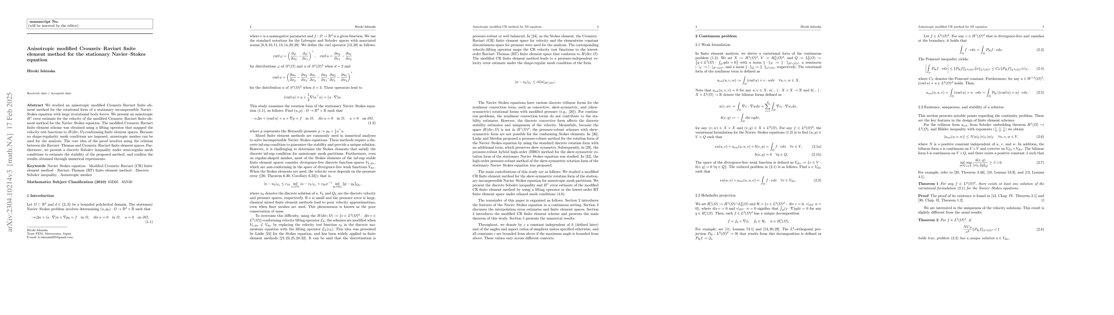 Thumbnail for Anisotropic modified Crouzeix-Raviart finite element method for the
  stationary Navier-Stokes equation
