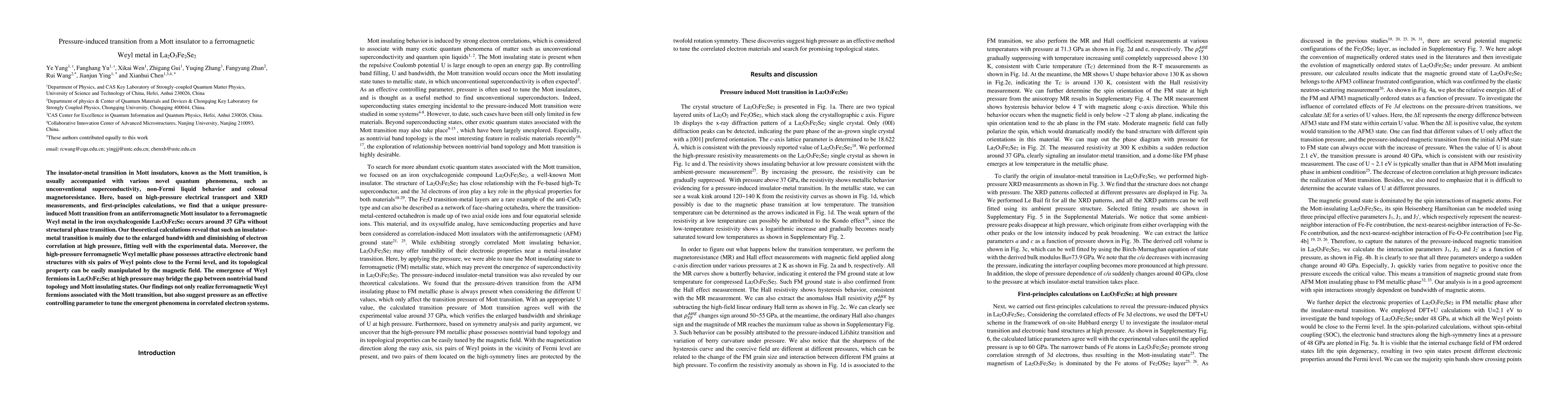 Thumbnail for Pressure-induced transition from a Mott insulator to a ferromagnetic
  Weyl metal in La2O3Fe2Se2