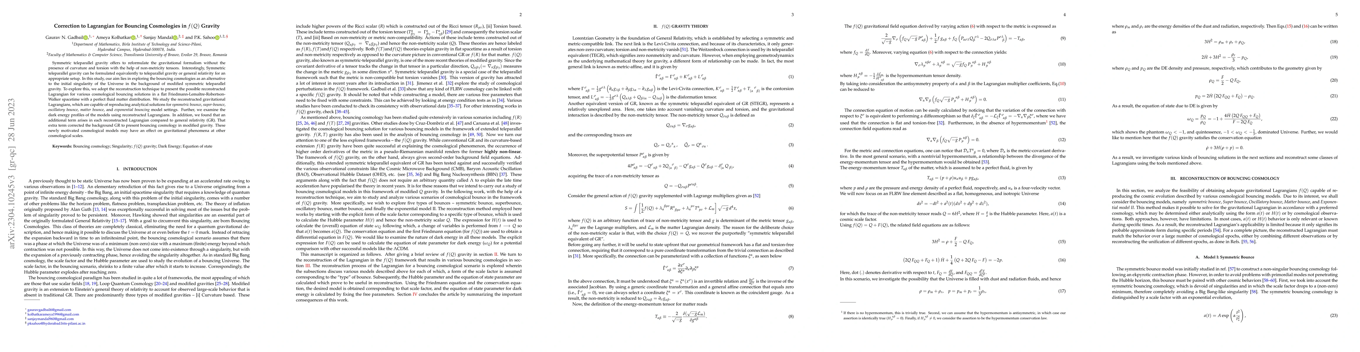 Thumbnail for Correction to Lagrangian for Bouncing Cosmologies in $f(Q)$ Gravity