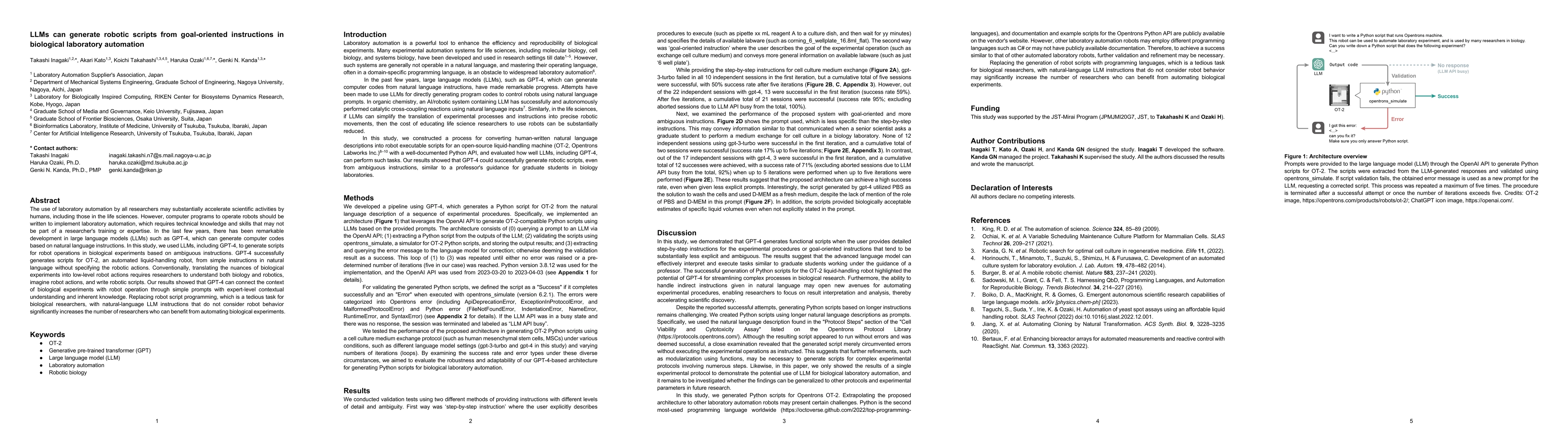 Thumbnail for LLMs can generate robotic scripts from goal-oriented instructions in
  biological laboratory automation