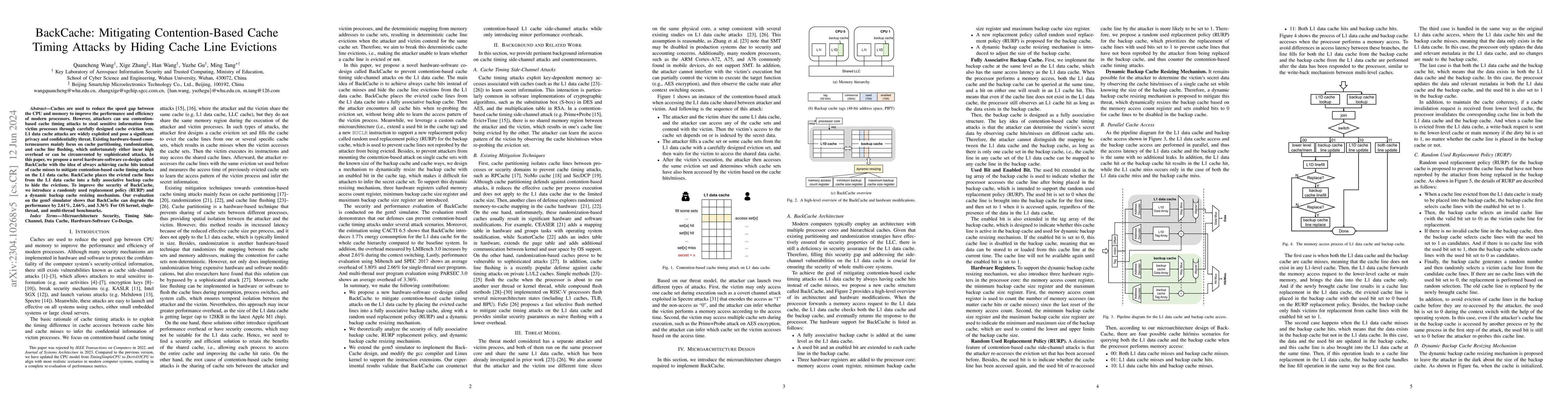 Thumbnail for BackCache: Mitigating Contention-Based Cache Timing Attacks by Hiding
  Cache Line Evictions