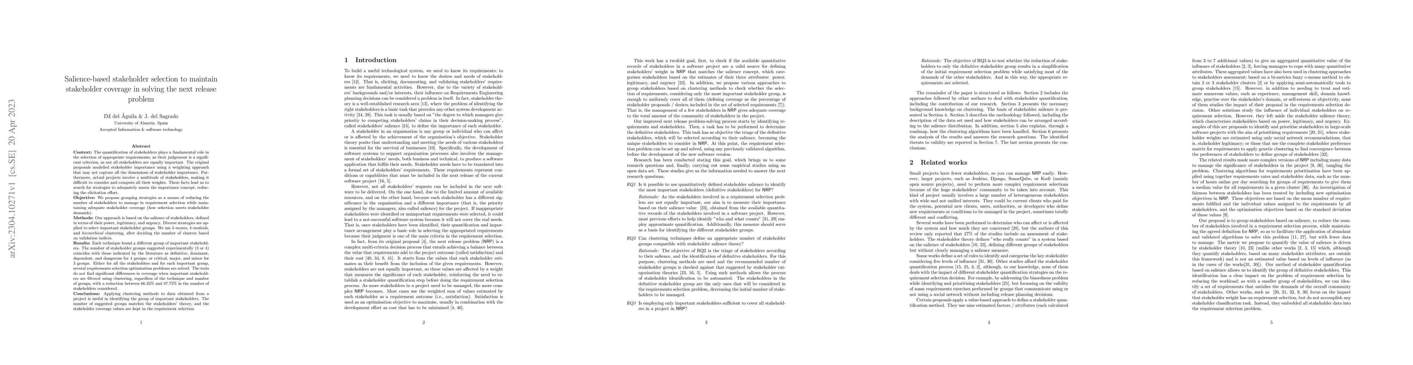 Thumbnail for Salience-based stakeholder selection to maintain stakeholder coverage in
  solving the next release problem